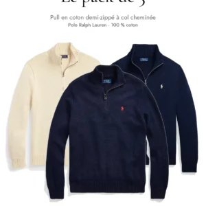Pack de 3 pulls en coton demi-zippés à col cheminée Polo Ralph Lauren – Taille L