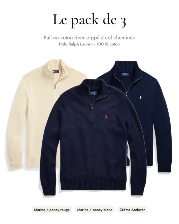 Pack de 3 pulls en coton demi-zippés à col cheminée Polo Ralph Lauren – Taille L
